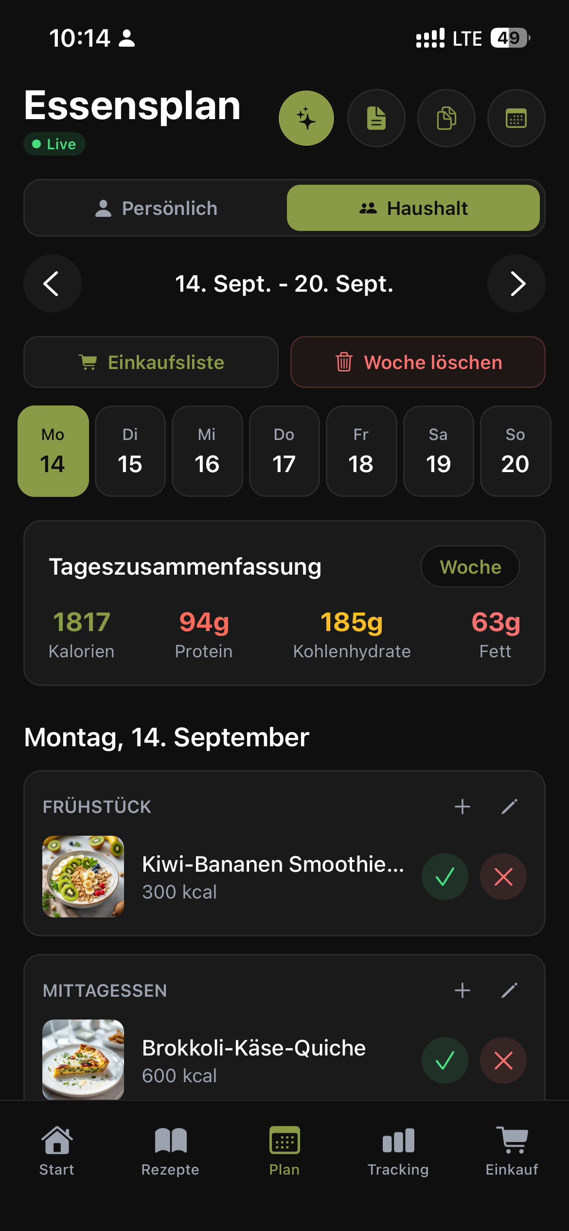 Essensplan-Screen mit aktivem Haushalt-Modus, Live-Anzeige und Tageszusammenfassung