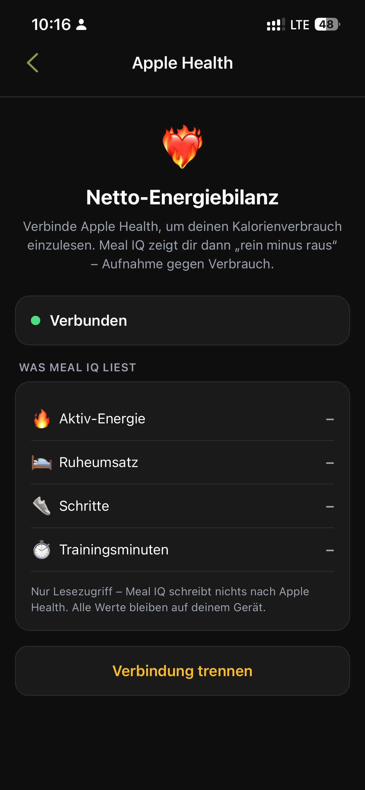 Apple-Health-Verbindung in Meal IQ mit Nur-Lesezugriff-Hinweis: Aktiv-Energie, Ruheumsatz, Schritte, Trainingsminuten