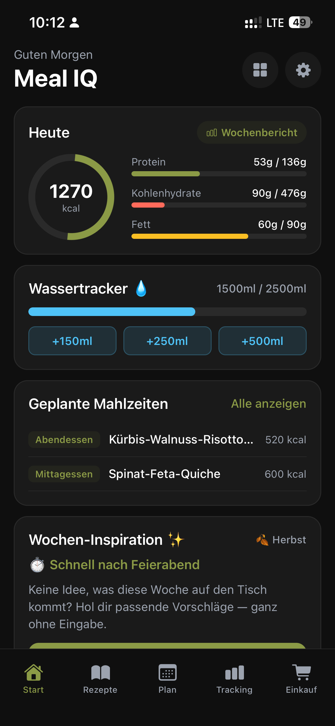 Meal IQ Startbildschirm mit Kalorienring, Wassertracker und geplanten Mahlzeiten