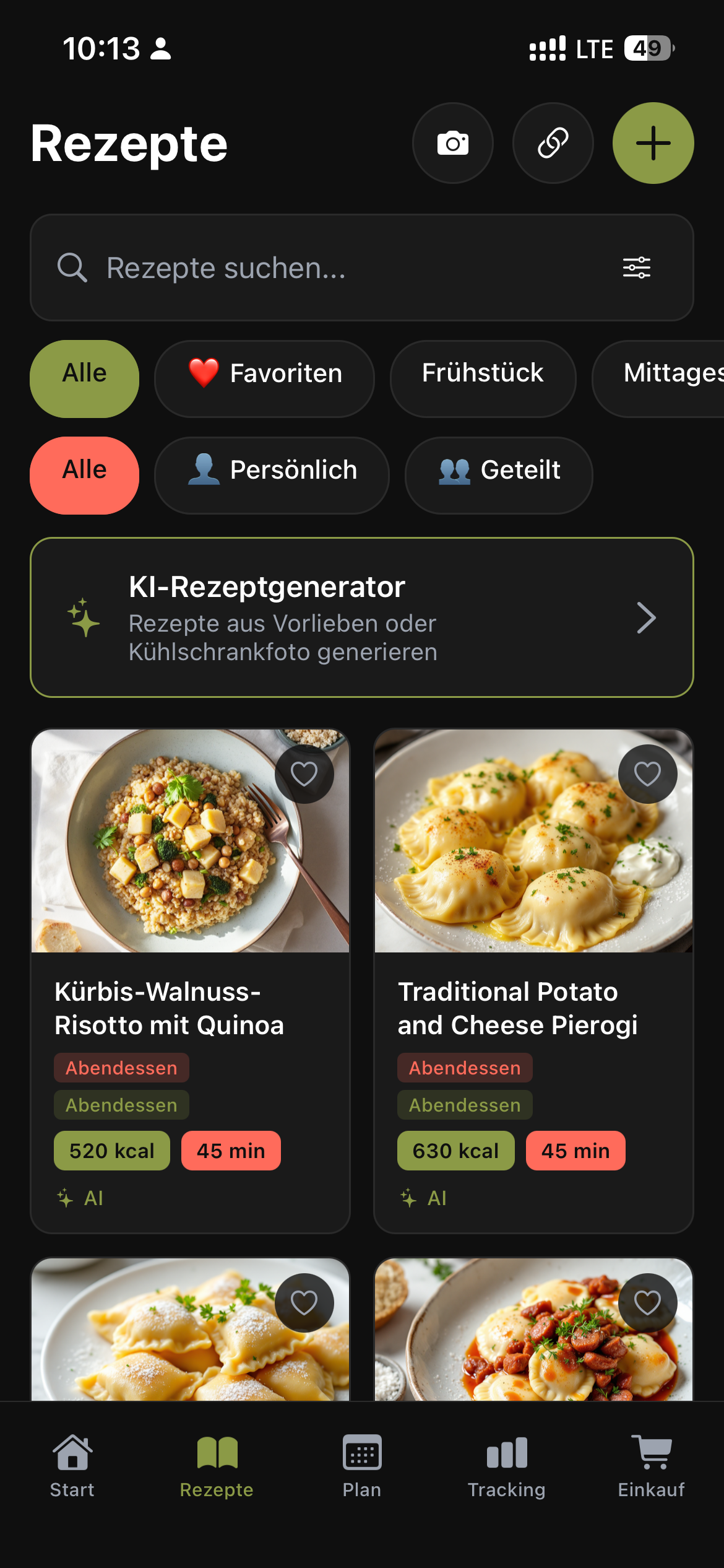 Rezepte-Bildschirm mit Food-Foto-Grid, KI-Rezeptgenerator, Kamera- und Link-Import