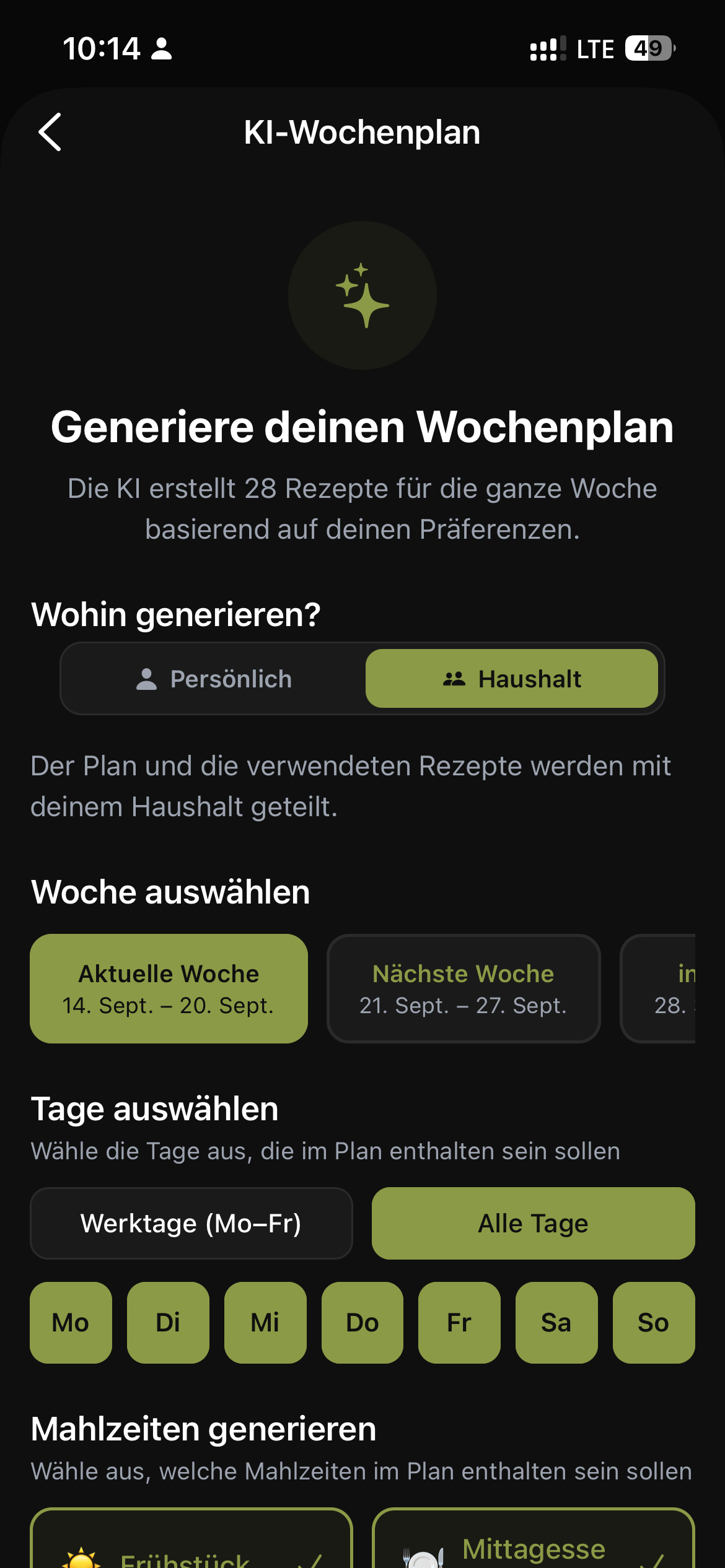 KI-Wochenplan-Screen: Generiere deinen Wochenplan, 28 Rezepte, Tage auswählen